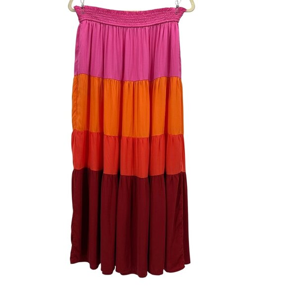 NEW Marine Layer Womens Large Skirt Maeve Midi Multi Colorblock Pink Orange Red - Picture 1 of 10
